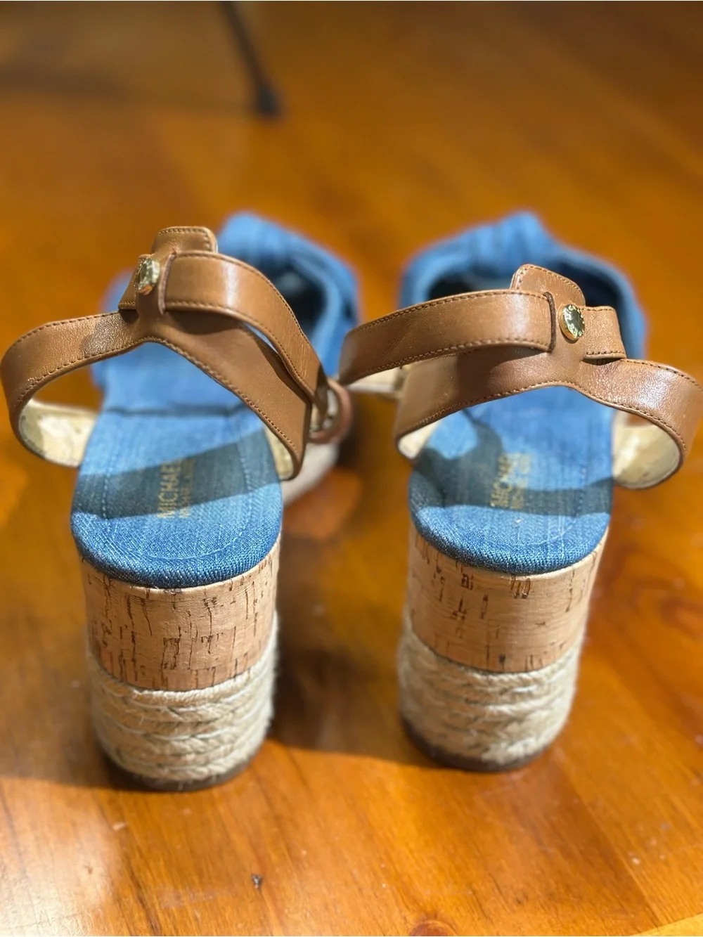 Michael Kors Denim Knot Espadrille Wedge Sandals with Tan Ankle Strap
